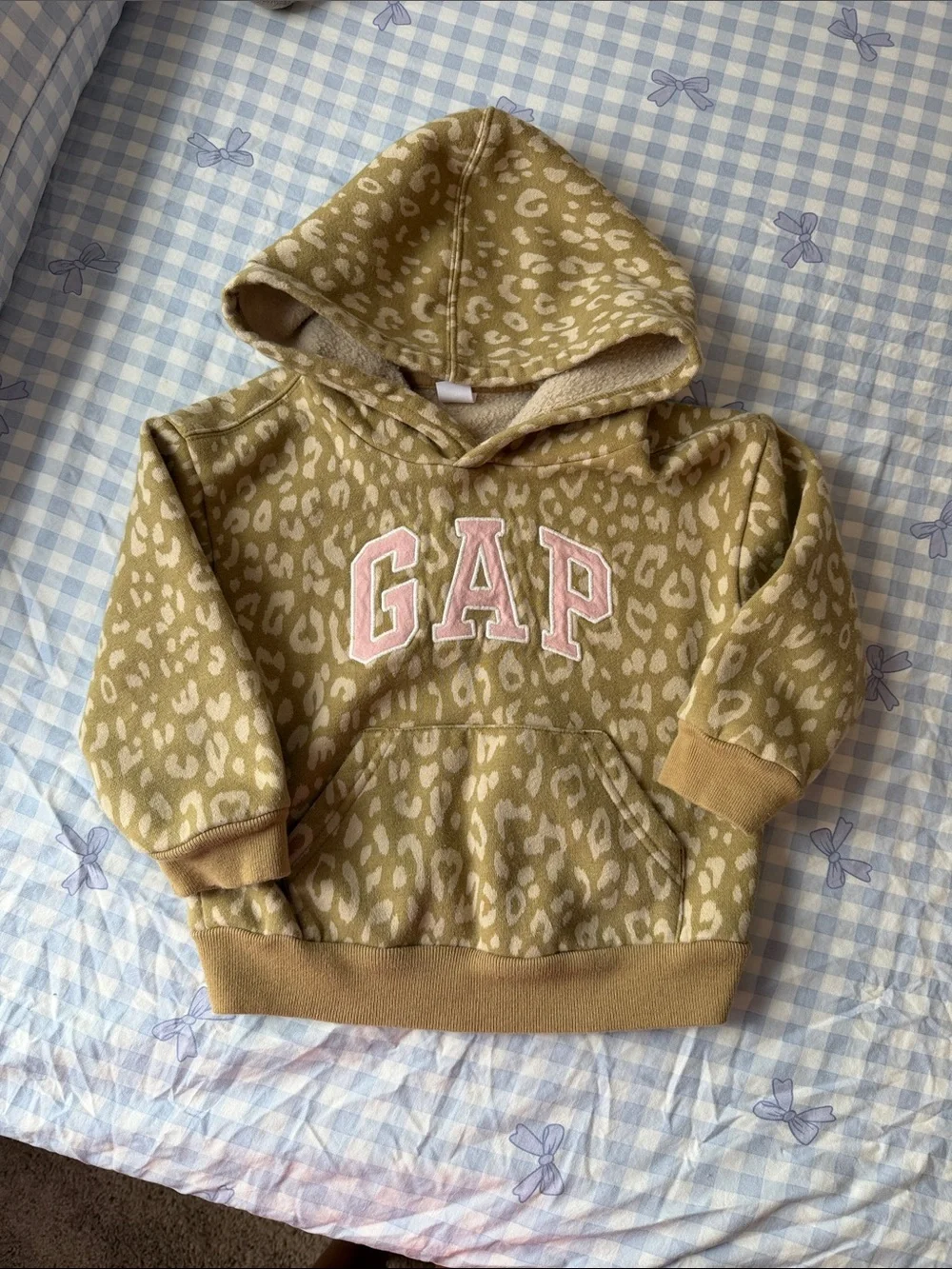GAP Tan Leopard Print Hoodie with Pink Logo